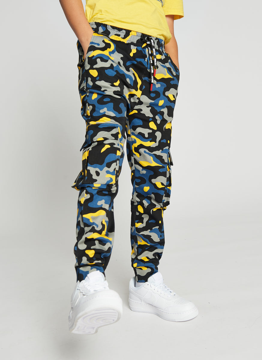 Sidewalk Trousers Boys Navy Yellow Camo Combat Woven Pants Kids Clothes Beat Boyz Club