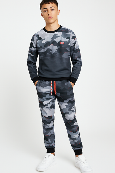 Person wearing a camouflage tracksuit with a white background